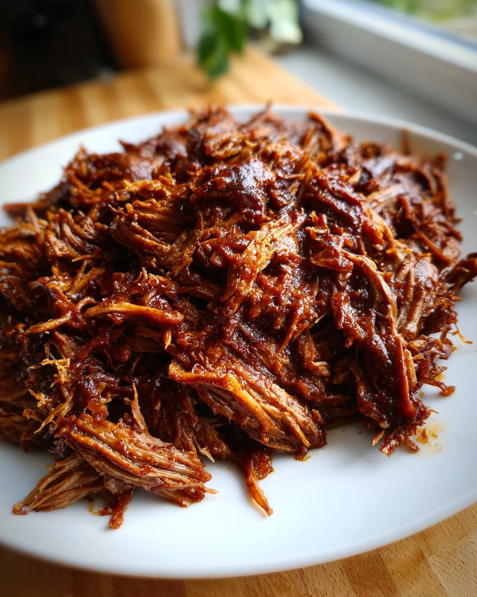 Close-up van sappige, uit elkaar getrokken Slow Cooker Beef Barbacoa met een rijke, donkerbruine saus op een wit bord.