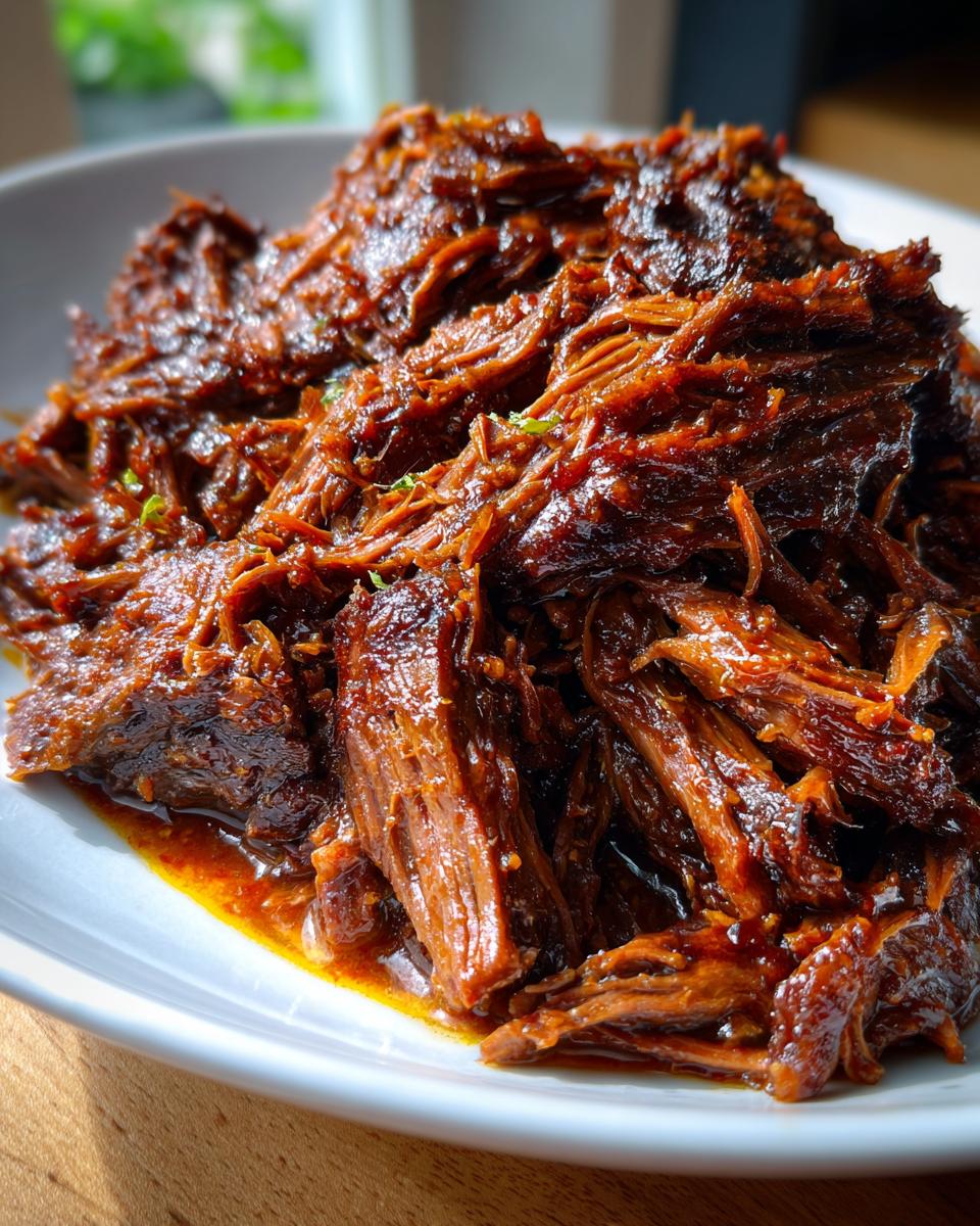 Close-up van sappige, uit elkaar getrokken Slow Cooker Beef Barbacoa met een rijke, donkerbruine saus.