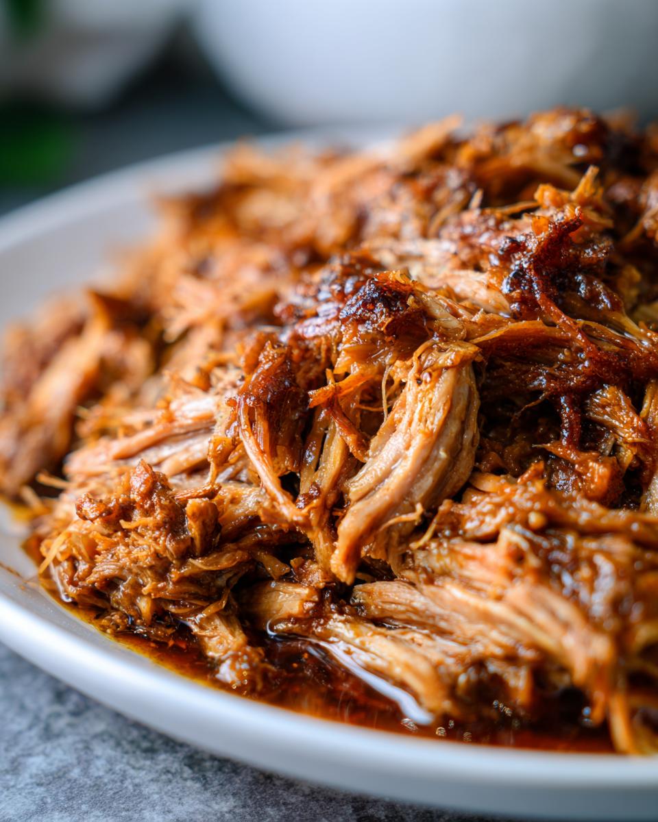 Close-up van heerlijk, uit elkaar getrokken Slow Cooker Pulled Pork bedekt met een glanzende saus.