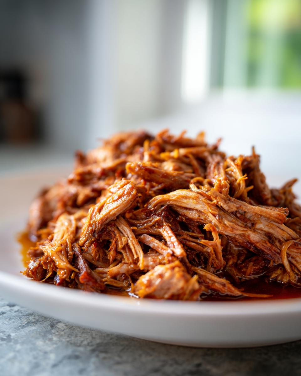 Close-up van een berg sappig, uit elkaar getrokken Slow Cooker Pulled Pork met een glanzende saus op een wit bord.