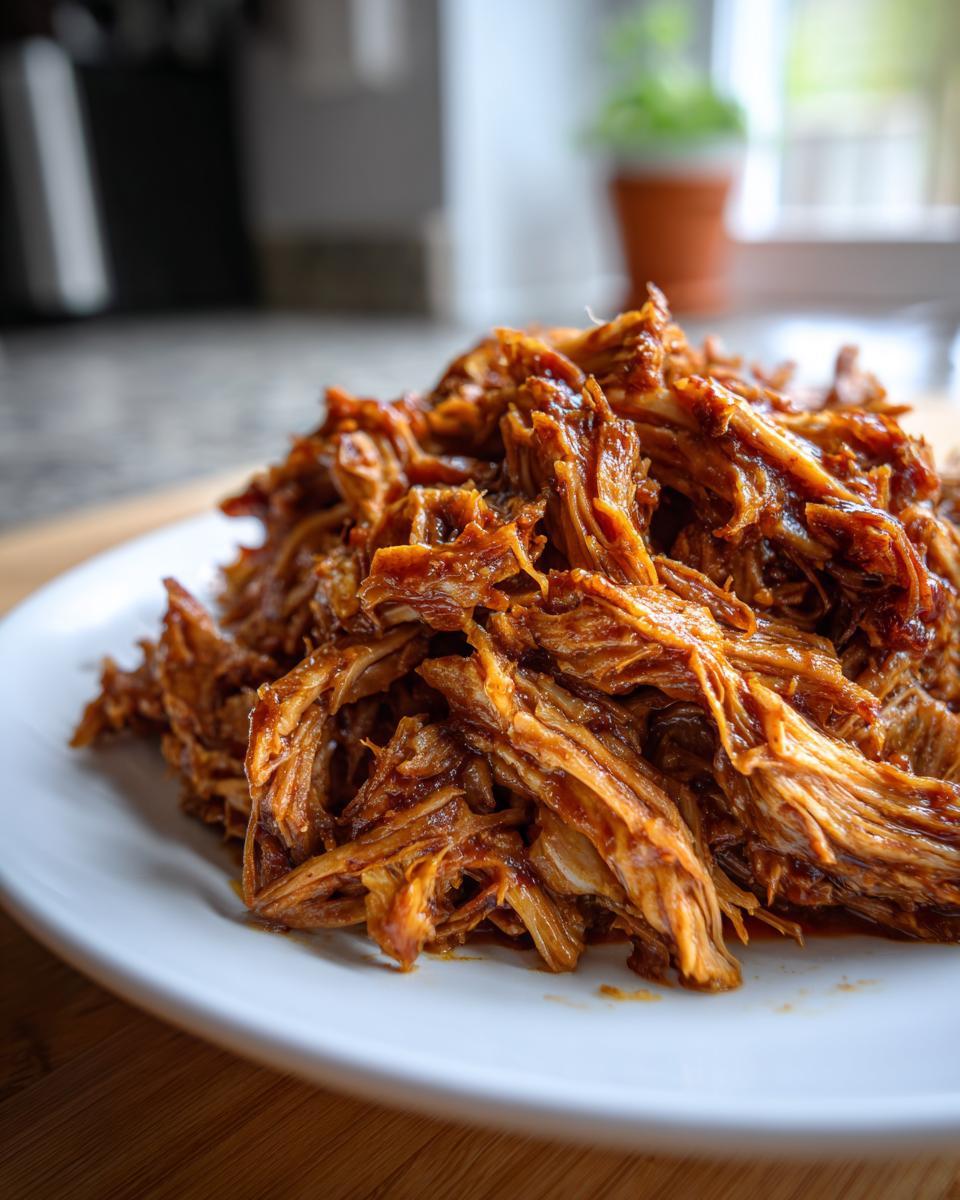 Close-up van een berg sappig, uit elkaar getrokken Slow Cooker Pulled Pork op een wit bord.