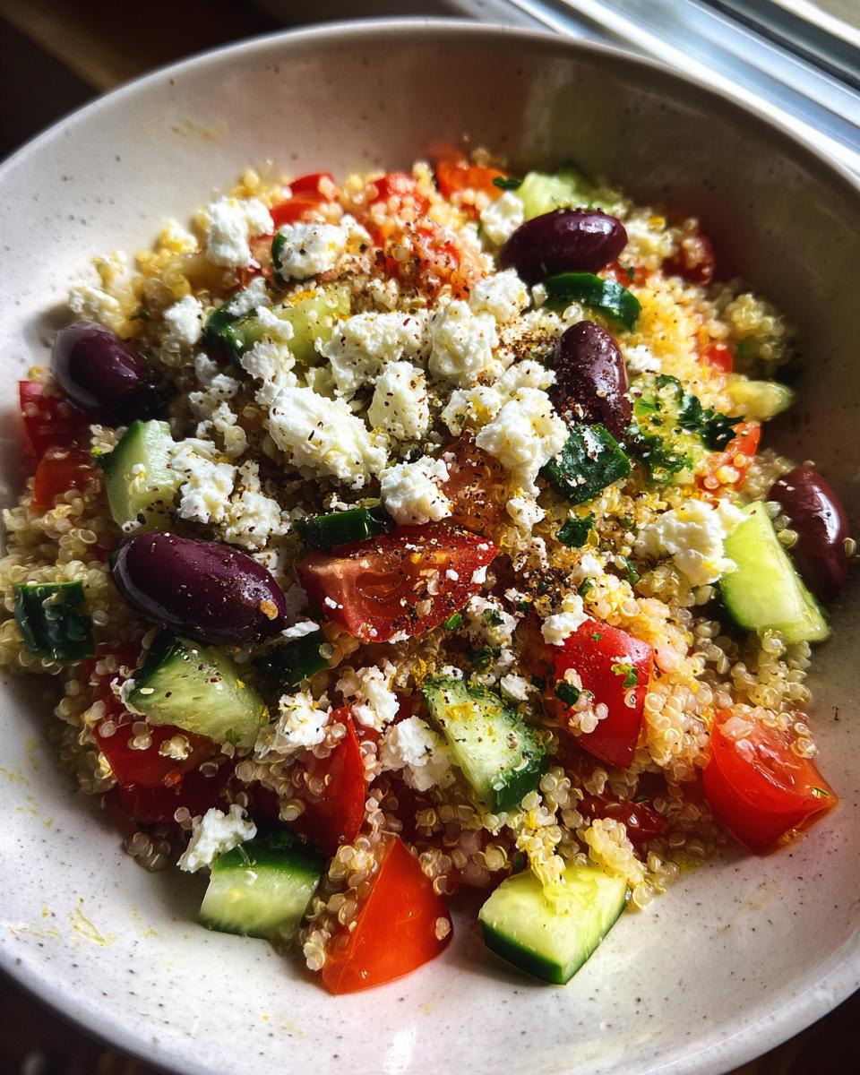 Gedetailleerde close-up van een kom met een gezonde Mediterranean Bowl met quinoa, komkommer, tomaat, feta en olijven.