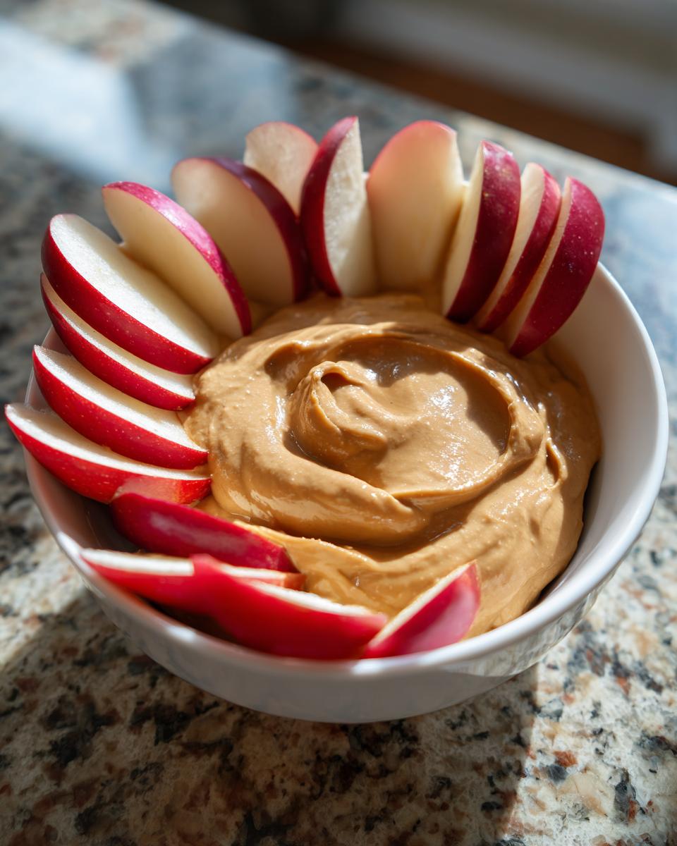 Een kom met romige Toffee Apple Dip, gegarneerd met rode, gesneden appels.