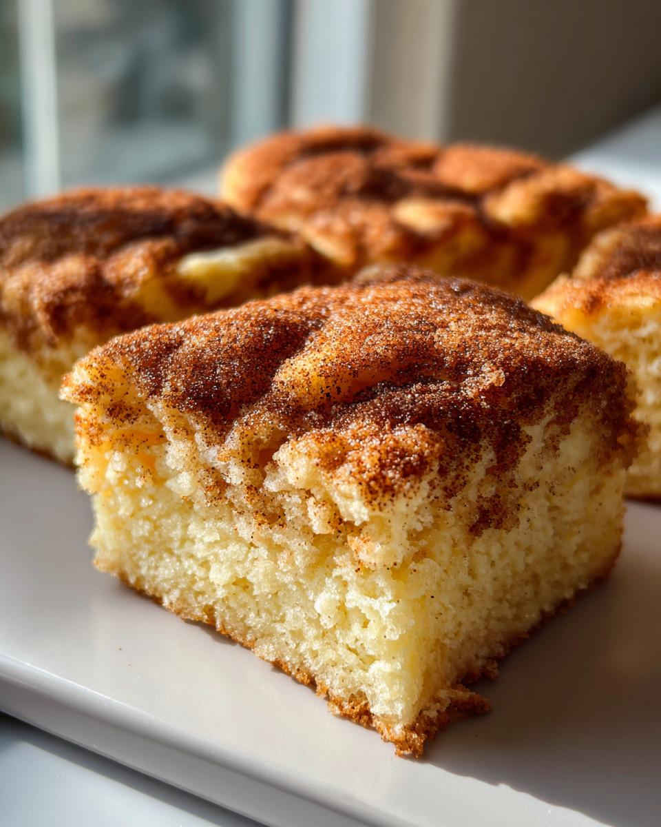 Close-up van een stuk Snickerdoodle Cobbler met een dikke, kruimelige kaneelsuiker topping.