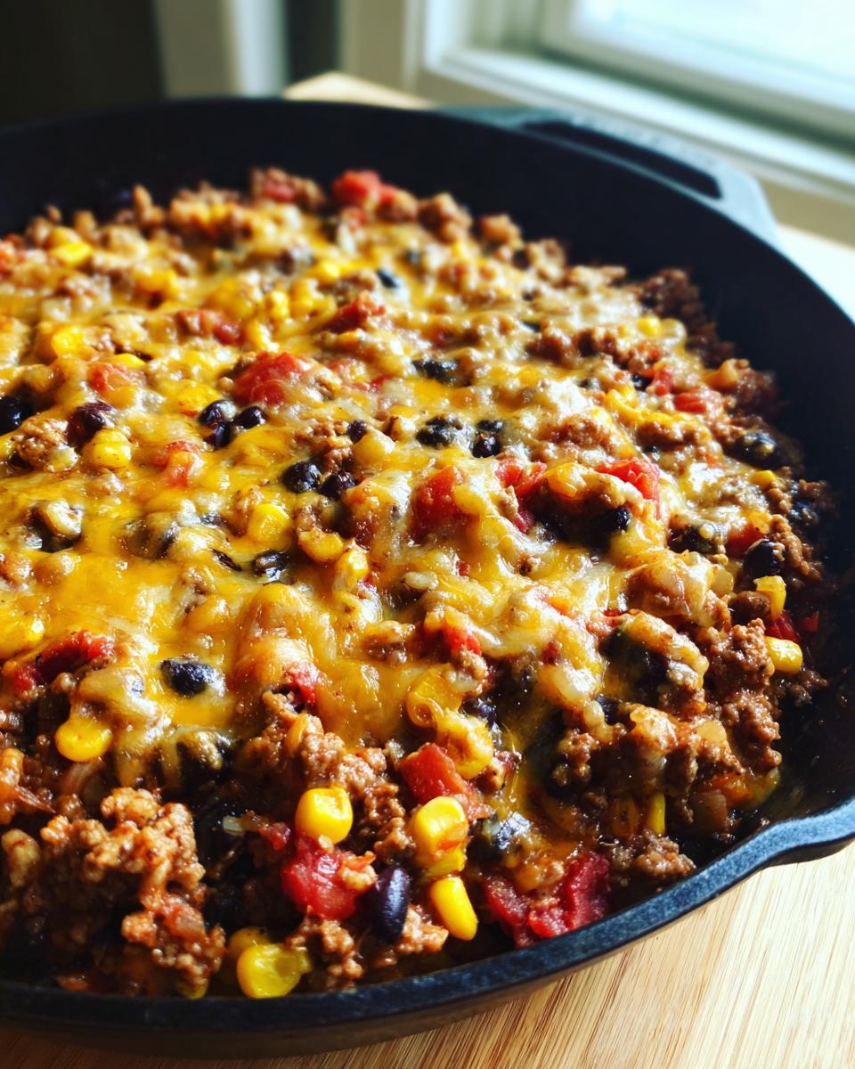 Close-up van de Southwestern Taco Koekenpan met gehakt, ma&iuml;s, bonen en gesmolten kaas.