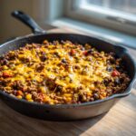 Goudbruin gehaktmengsel met bonen, ma&iuml;s en gesmolten cheddar in een gietijzeren Southwestern Taco Koekenpan.