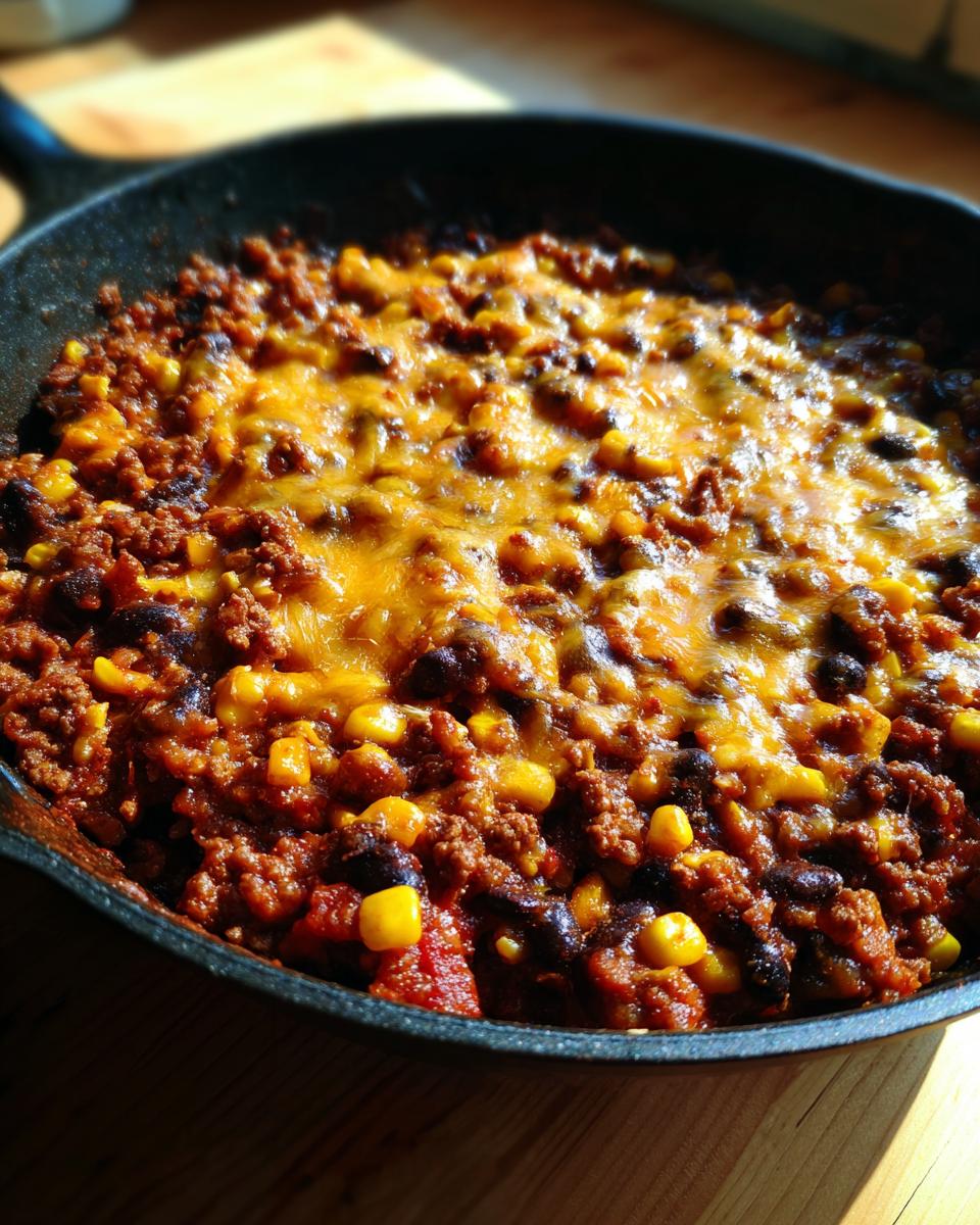 Gegratineerde Southwestern Taco Koekenpan met gehakt, ma&iuml;s, zwarte bonen en gesmolten kaas.