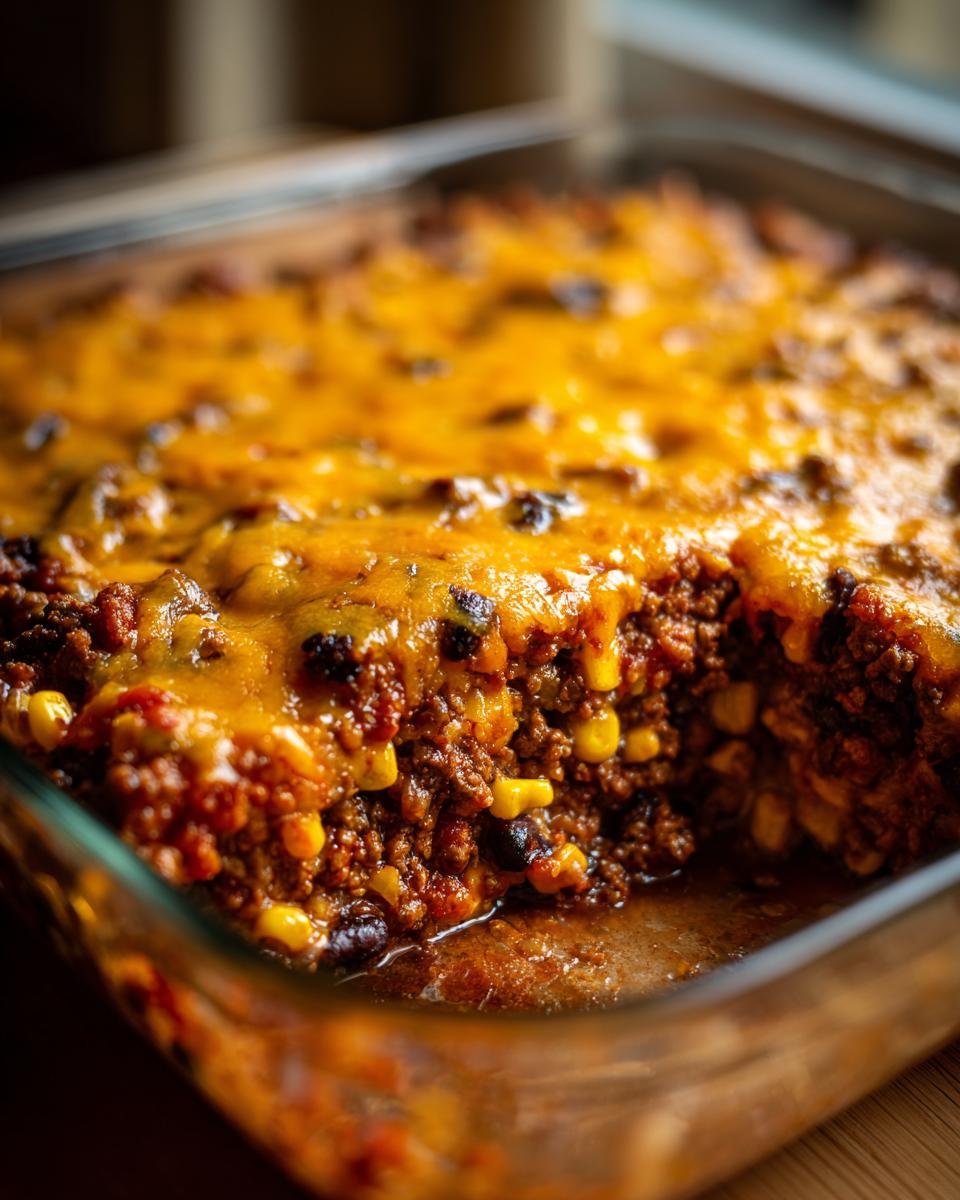 Close-up van een Southwestern Taco Koekenpan met een dikke laag gesmolten oranje kaas en vulling van gehakt, ma&iuml;s en bonen.