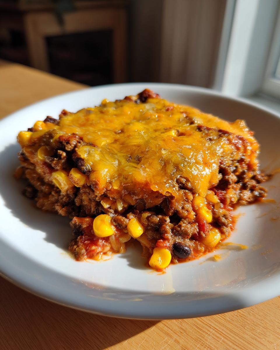 Een portie Southwestern Taco Koekenpan met gehakt, ma&iuml;s, bonen en een dikke laag gesmolten oranje kaas.