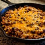 Gegratineerde Southwestern Taco Skillet met gesmolten oranje kaas, zwarte bonen en gehakt in een gietijzeren pan.