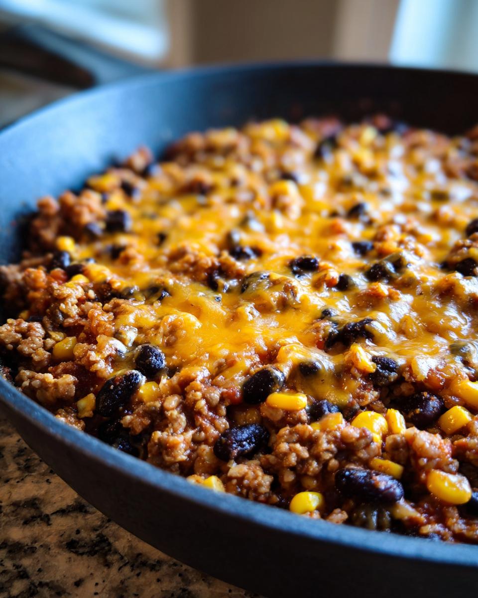 Close-up van een Southwestern Taco Skillet met gehakt, zwarte bonen, ma&iuml;s en gesmolten oranje kaas.