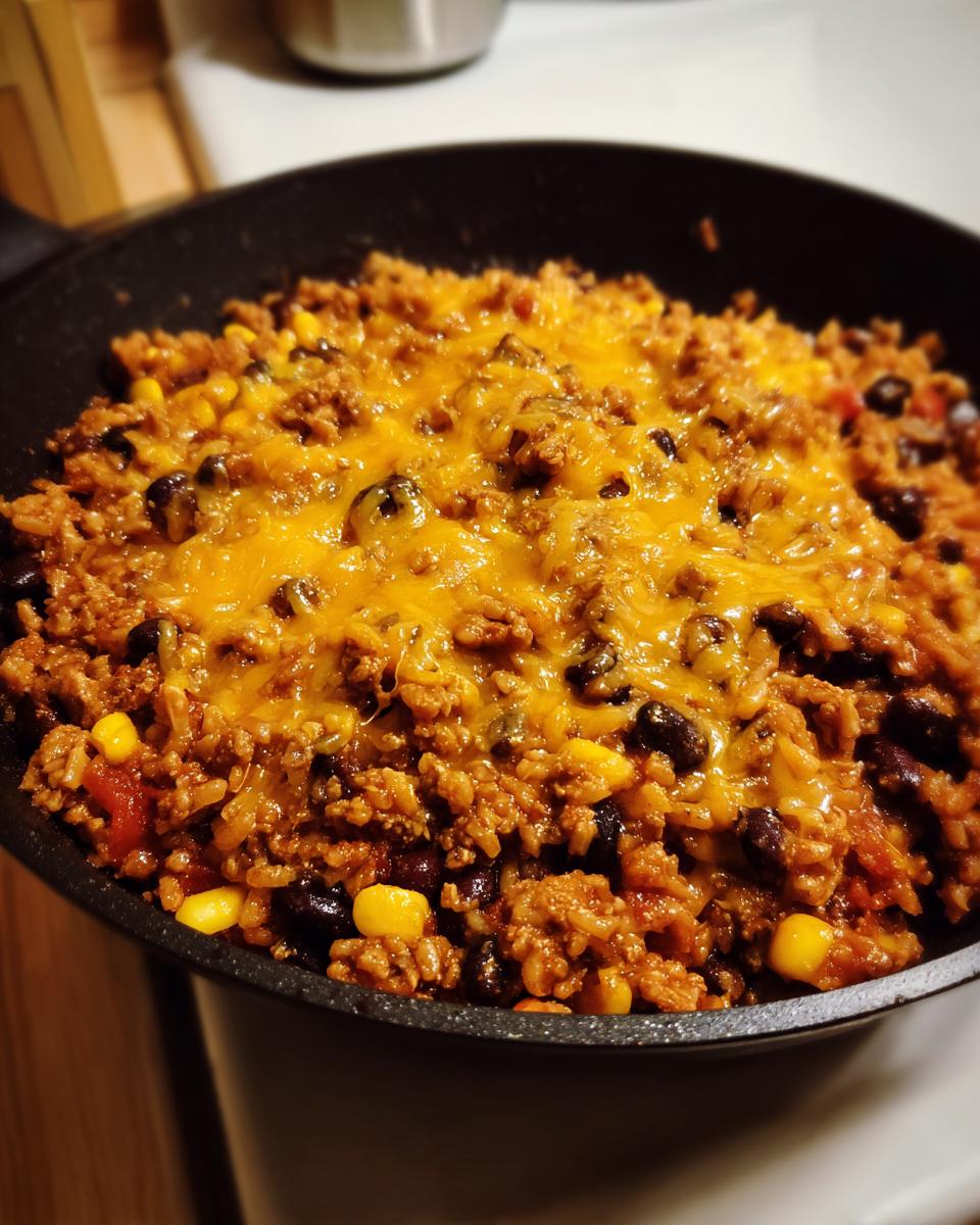 Close-up van een Southwestern Taco Skillet met gehakt, rijst, bonen, ma&iuml;s en gesmolten oranje kaas.
