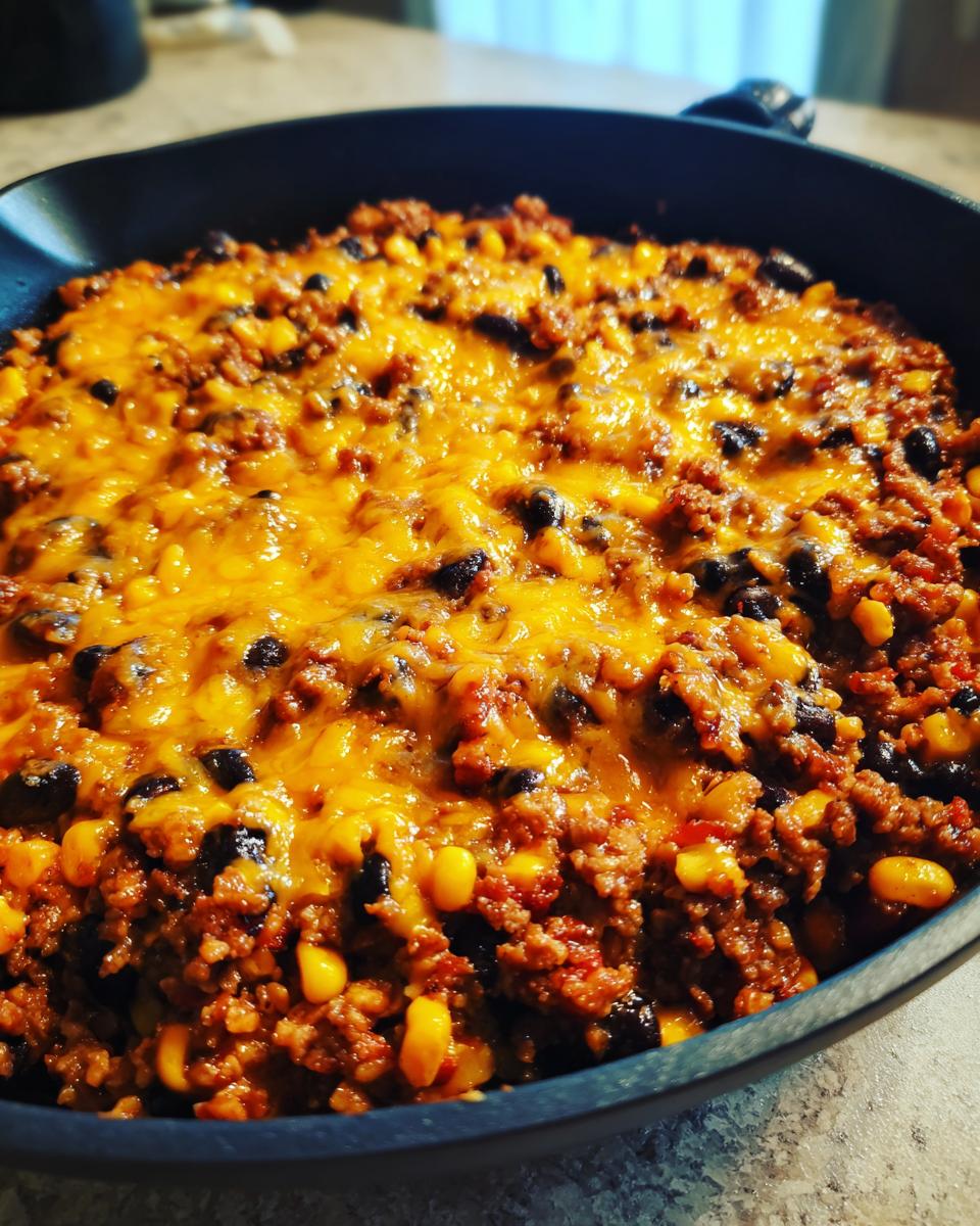 Close-up van een Southwestern Taco Skillet met gehakt, ma&iuml;s, zwarte bonen en gesmolten oranje kaas.
