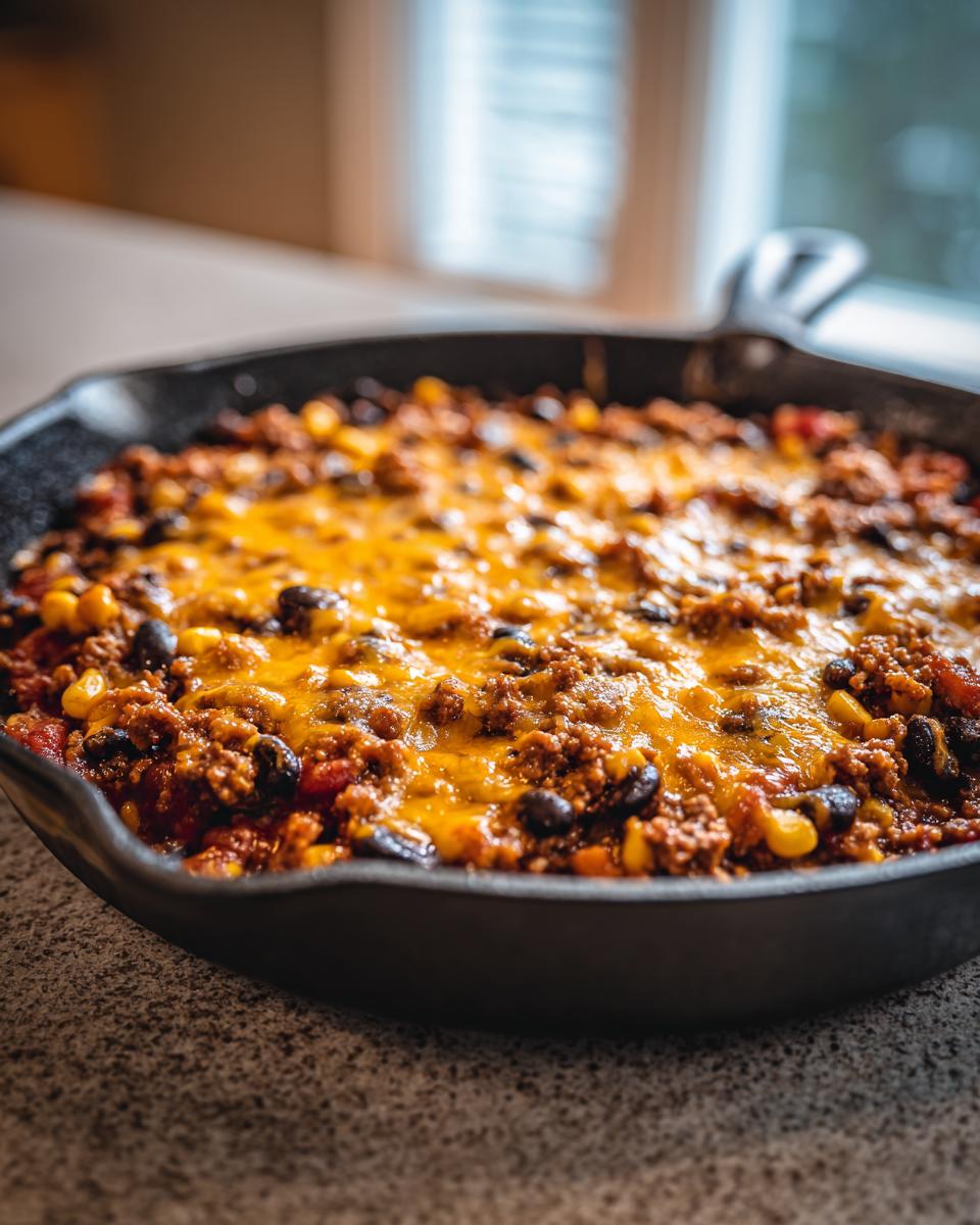 Gezouten Southwestern Taco Skillet met rundergehakt, zwarte bonen, ma&iuml;s en gesmolten cheddar kaas in een gietijzeren pan.