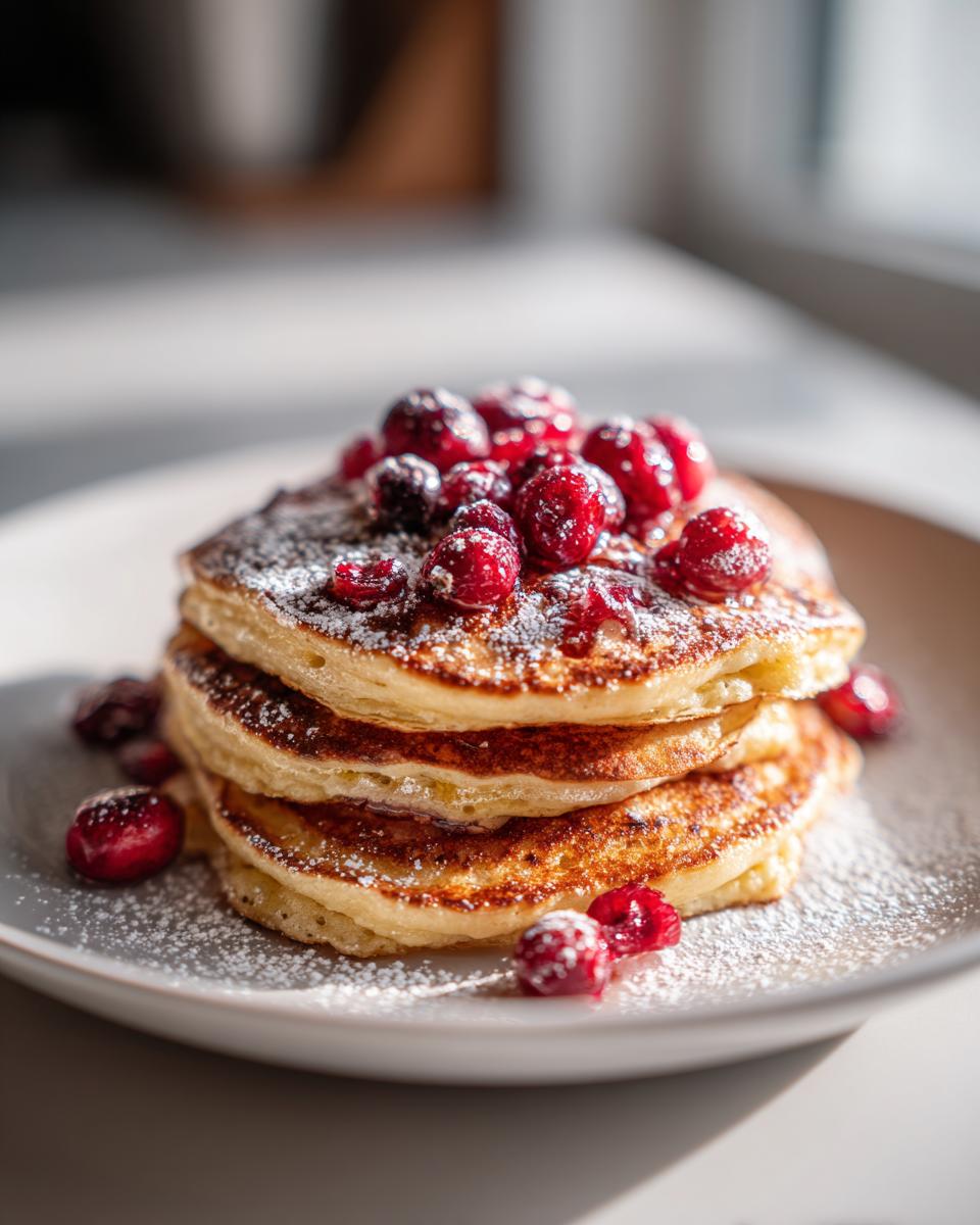 Stapel van drie luchtige Cranberry Pancakes, gegarneerd met verse cranberries en poedersuiker.