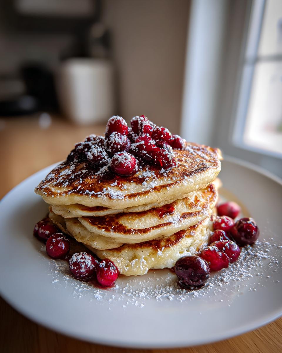 Close-up van een stapel luchtige Cranberry Pancakes, gegarneerd met verse cranberries en poedersuiker.