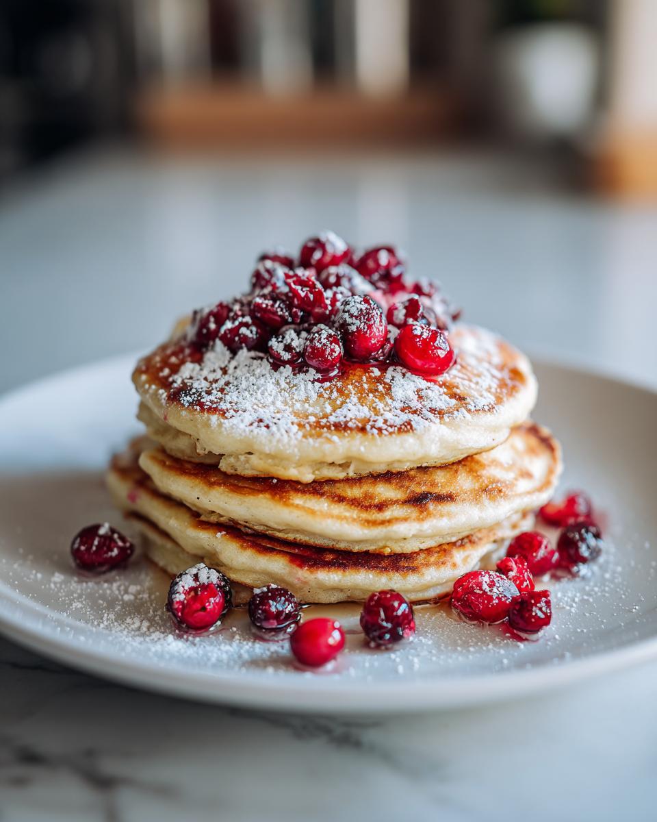 Close-up van een stapel luchtige Cranberry Pancakes, gegarneerd met verse cranberries en poedersuiker.