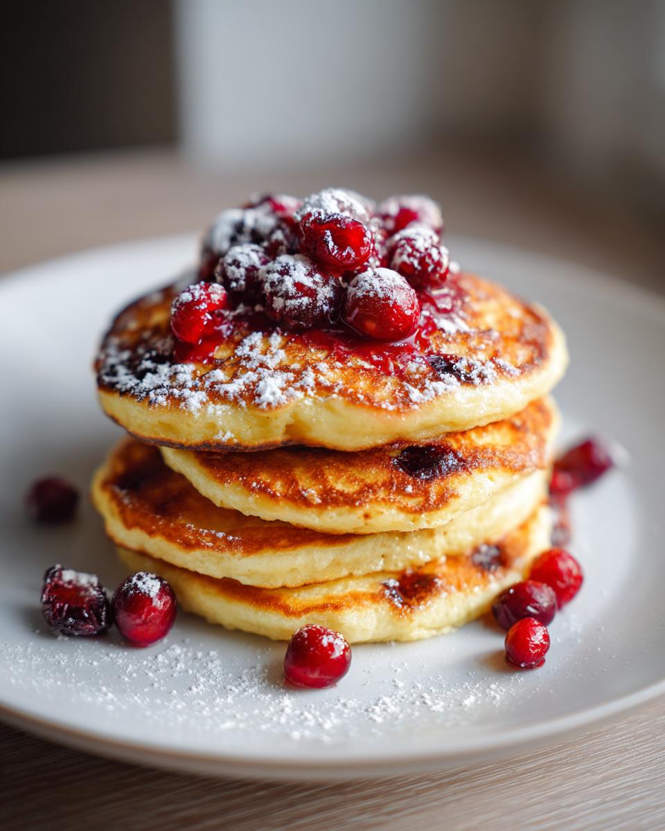 Een stapel van drie goudbruine Cranberry Pancakes, gegarneerd met bessensaus, verse veenbessen en poedersuiker.
