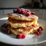 Drie gestapelde, goudbruine Cranberry Pancakes, gegarneerd met verse veenbessen en poedersuiker.