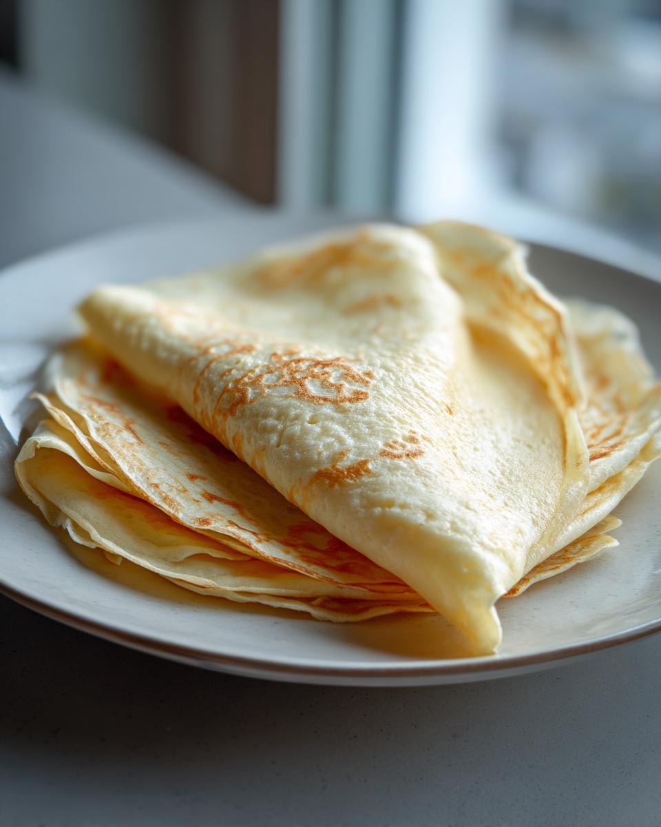 Close-up van een stapel gevouwen, dunne Egg White Wraps met lichte bruining op een licht bord.