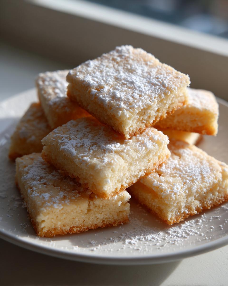 Een stapel vierkante Shortbread Cookies, bestrooid met poedersuiker, op een wit bord.