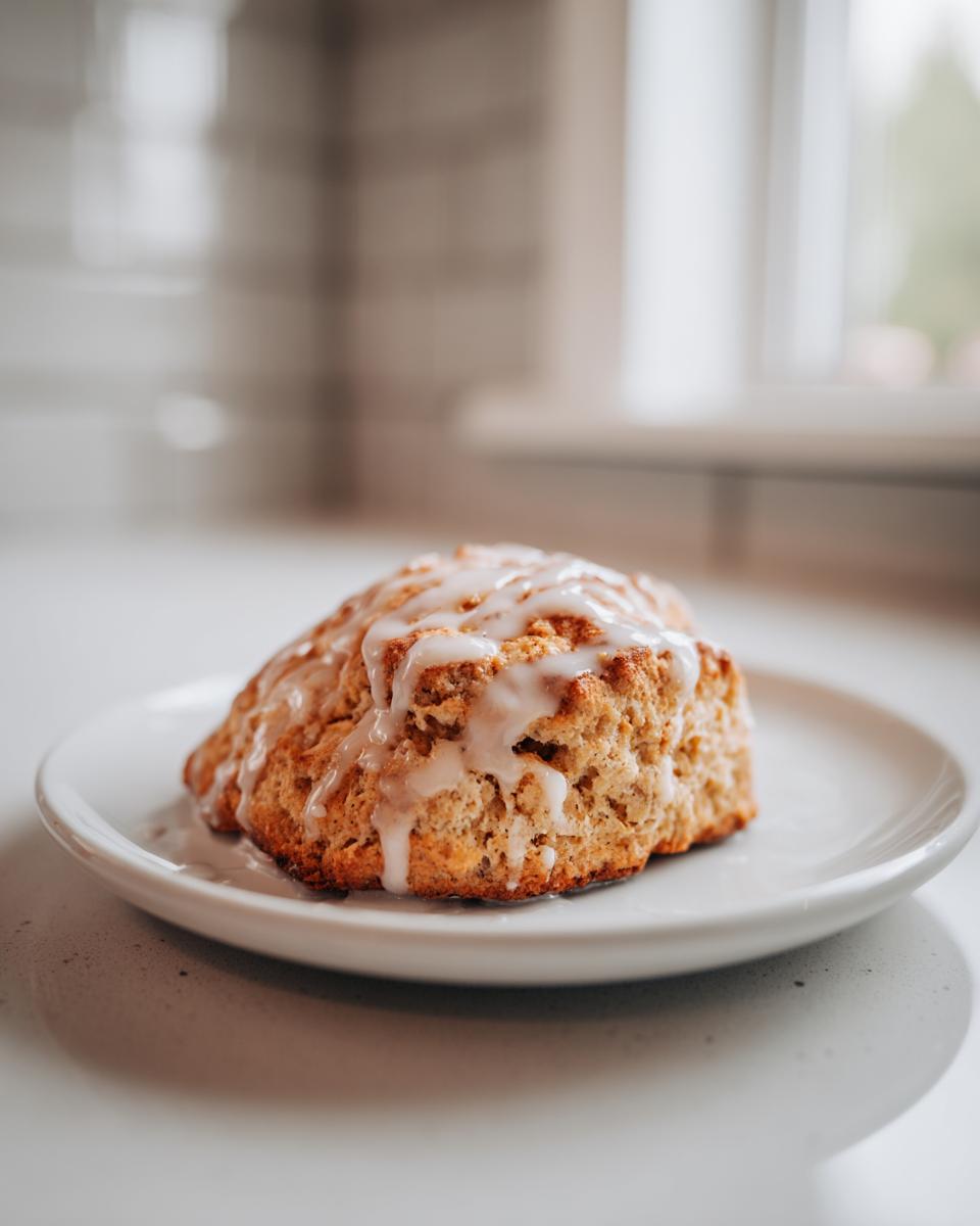 Close-up van &eacute;&eacute;n Starbucks Pumpkin Scone met witte glazuur op een wit bord.