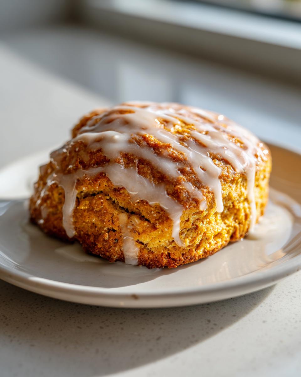 Close-up van een zachte, oranje Starbucks Pumpkin Scone met een dikke laag wit glazuur erop.