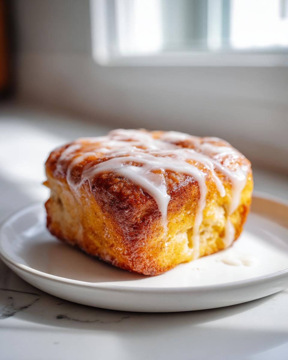Een close-up van een Starbucks Pumpkin Scone met een dikke witte glazuur, op een wit bord.