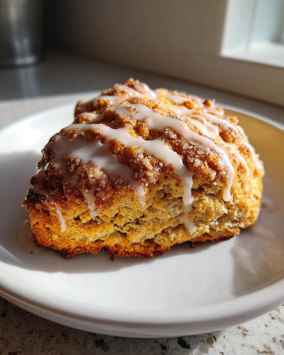 Een close-up van een Starbucks Pumpkin Scone met een dikke laag wit glazuur en kaneelsuiker.