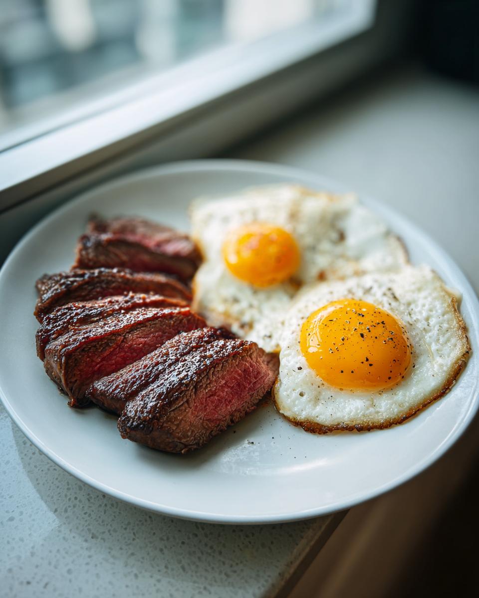 Gesneden, medium-rare biefstuk naast twee gebakken eieren met peper op een wit bord voor Steak And Eggs Breakfast.