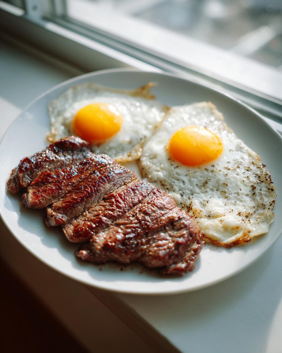 Plakjes gegrilde biefstuk naast twee gebakken eieren met zonnige dooiers, ideaal voor Steak and Eggs Breakfast.