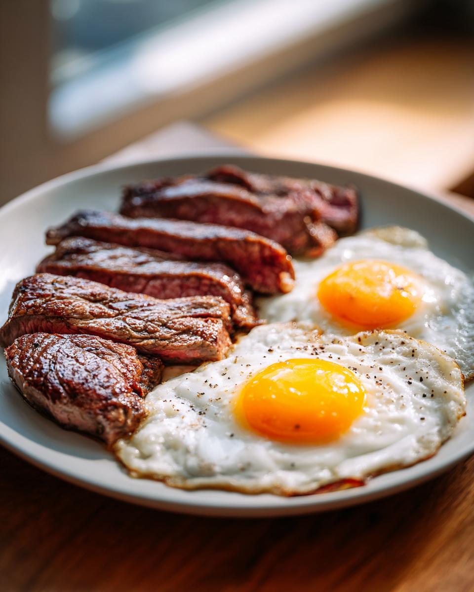Close-up van een bord met gesneden biefstuk en twee gebakken eieren met zonnige dooiers voor een Steak en Eieren Ontbijt.
