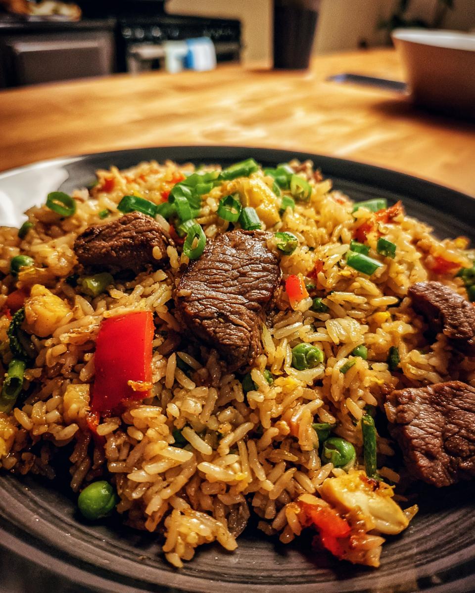 Close-up van een bord met smakelijke Steak Fried Rice, rijst, stukjes rundvlees en lente-ui.