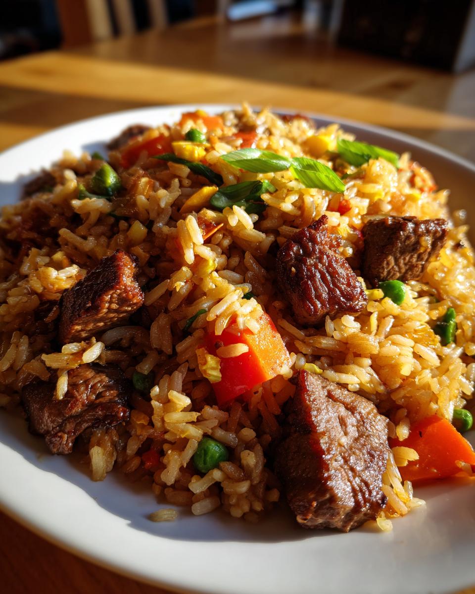 Close-up van een portie Steak Fried Rice met stukjes rundvlees, wortel en doperwten, gegarneerd met lente-ui.