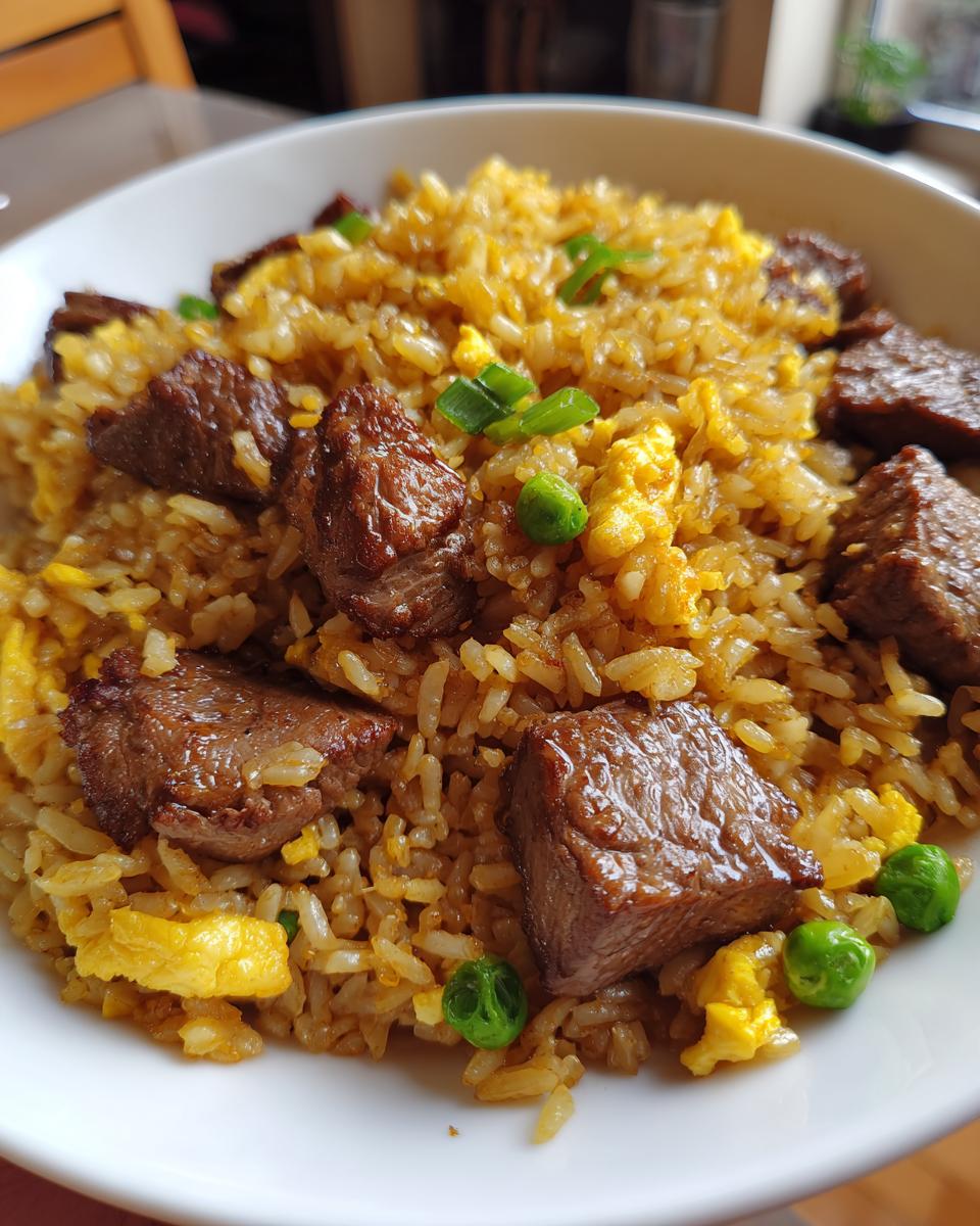 Close-up van een kom met heerlijke Steak Fried Rice, rijst, stukjes rundvlees, ei en doperwten.