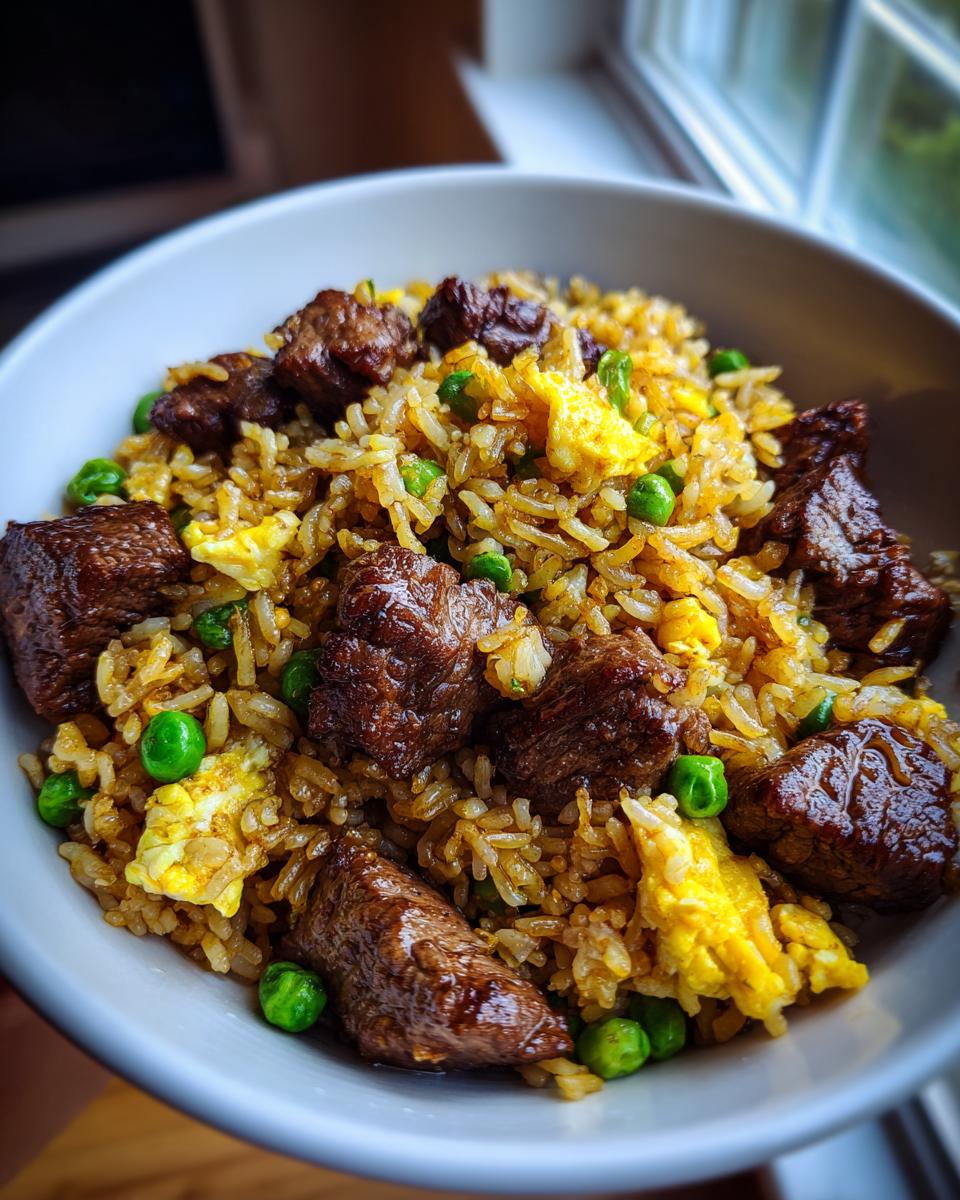 Close-up van een kom met heerlijke Steak Fried Rice, rijst, stukjes rundvlees, roerei en groene doperwten.