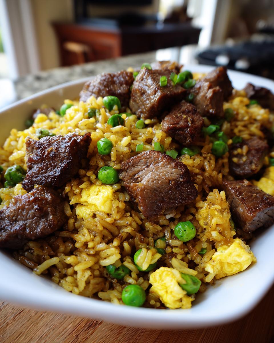 Close-up van een kom met gelegebakken rijst, stukjes rundvlees, doperwten en roerei: perfecte Steak Fried Rice.