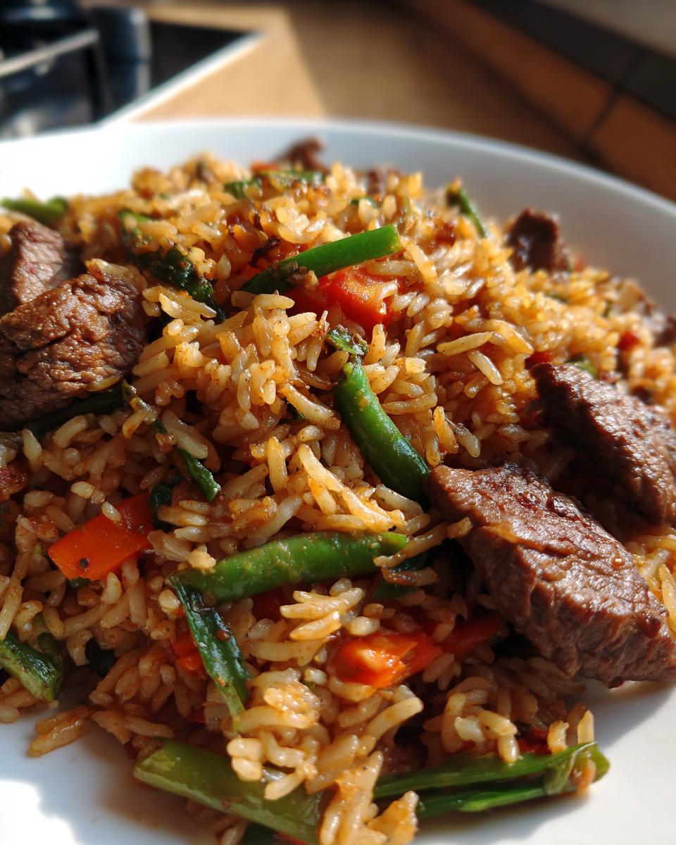 Close-up van een witte kom gevuld met heerlijke Steak Fried Rice, met stukjes rundvlees, sperziebonen en wortel.