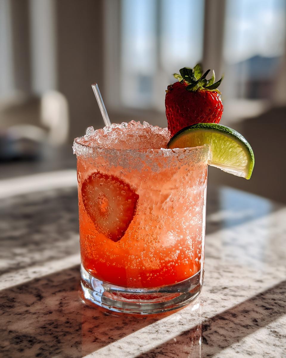 Een verfrissende Strawberry Beer Margaritas met ijs, gegarneerd met een aardbei en limoenschijfje.