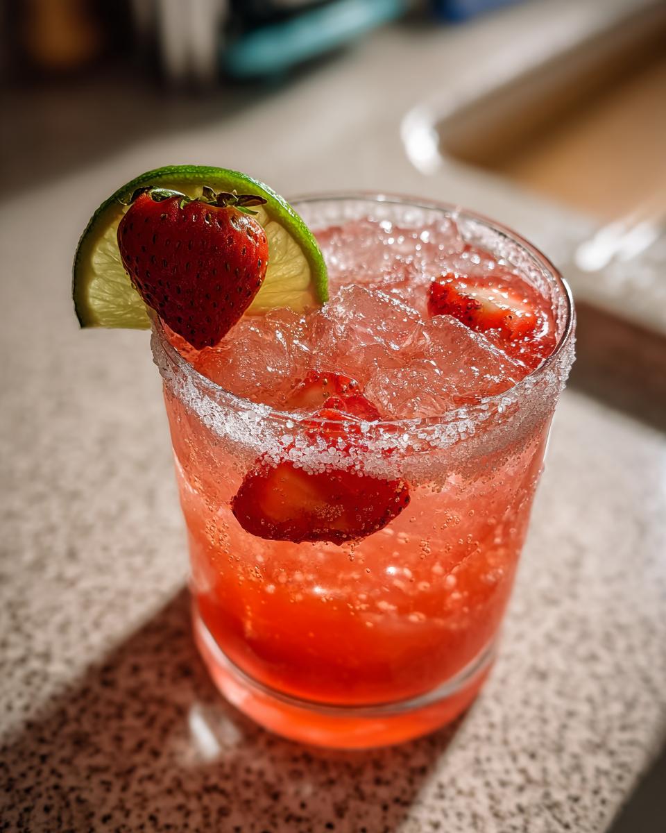 Close-up van een glas Strawberry Beer Margaritas met ijs, suikerrand en een aardbei met limoen als garnering.