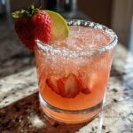 Een glas met een Strawberry Beer Margaritas met een zoutrandje, gegarneerd met een aardbei en limoen.