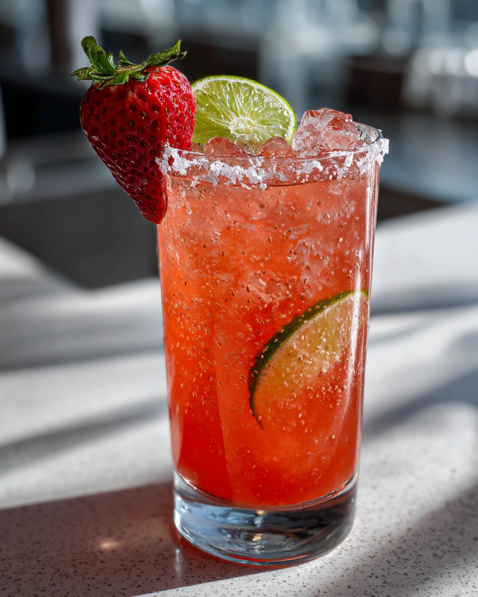 Een hoog glas met een roze Strawberry Beer Margaritas Recipe, gegarneerd met een aardbei en limoenschijfjes.