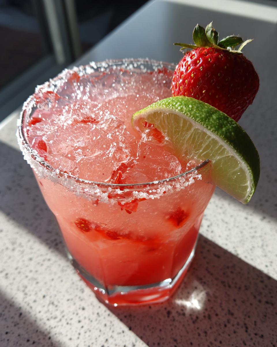 Een verfrissende Strawberry Beer Margaritas met een zoutrandje, gegarneerd met een aardbei en limoenschijfje.
