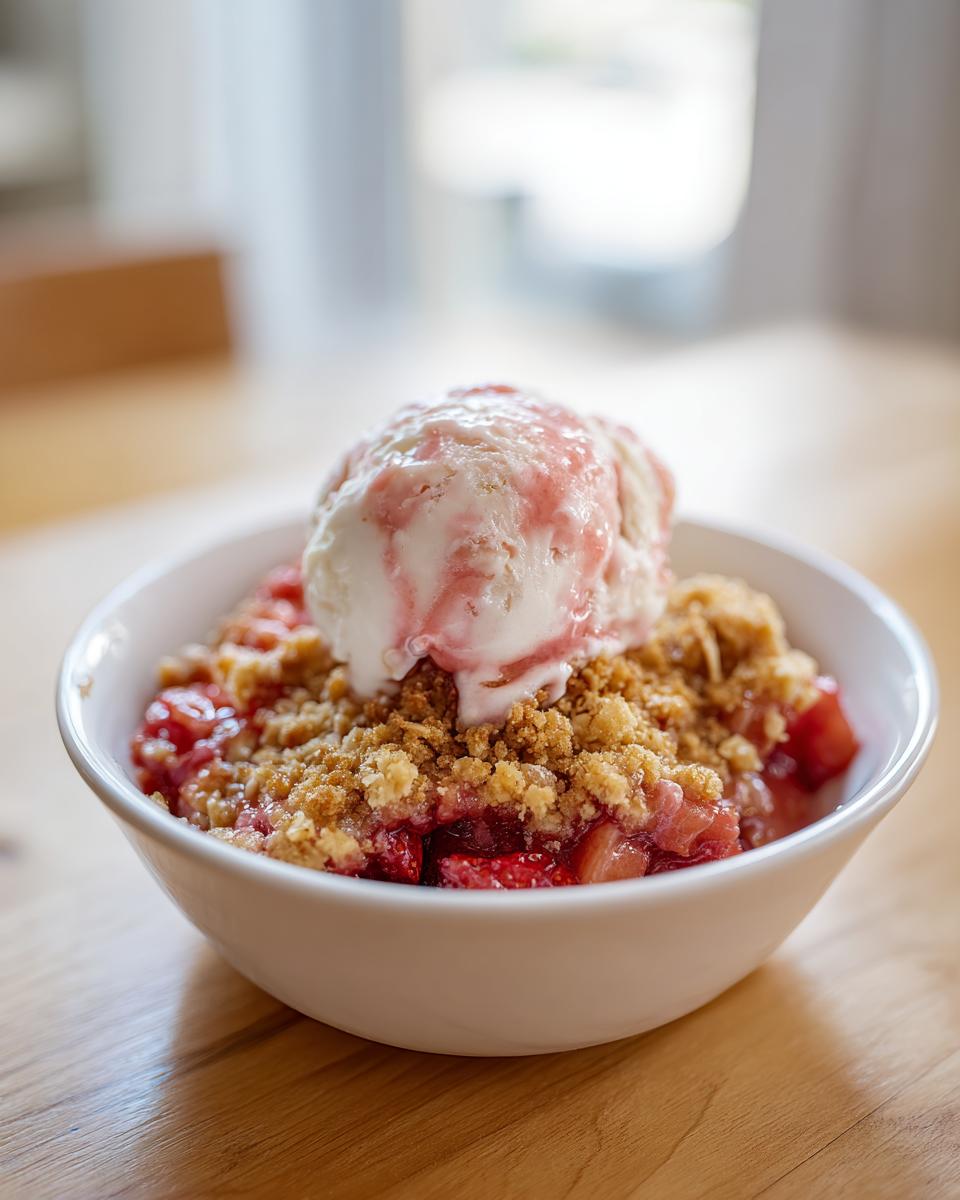 Een kom met warme Strawberry Rabarber Crumble, gegarneerd met een bol vanille-ijs en aardbeiensaus.