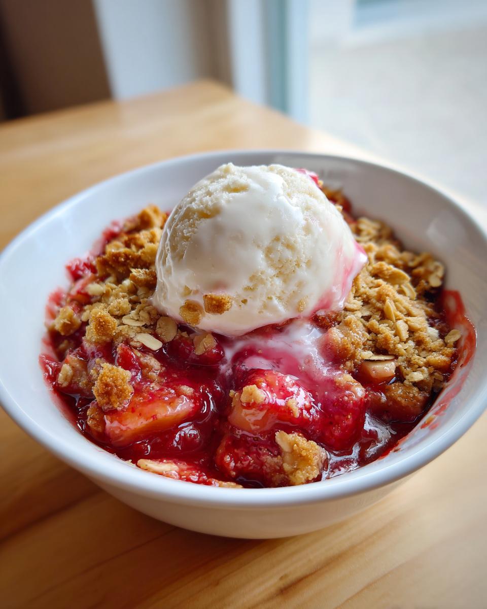 Close-up van een kom Strawberry Rhubarb Crumble met een bol vanille-ijs dat smelt.
