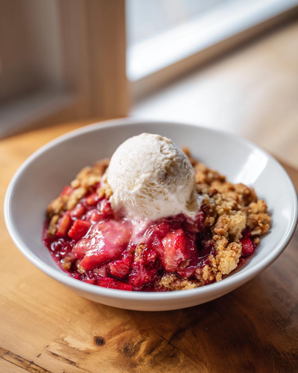 Een kom met warme Strawberry Rhubarb Crumble met een smeltende bol vanille-ijs erop.
