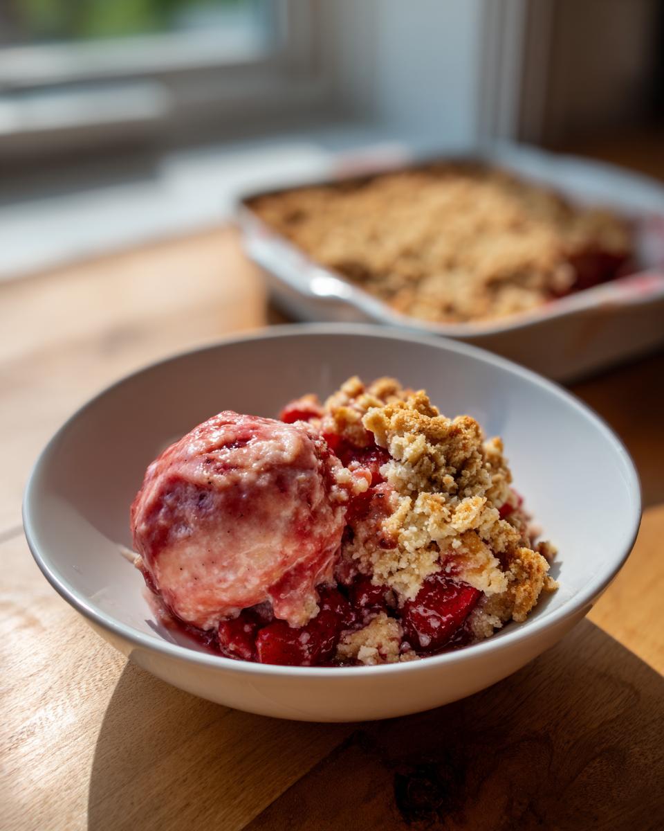 Een kom met warme Strawberry Rhubarb Crumble geserveerd met een bol aardbei-ijs, in het zonlicht.