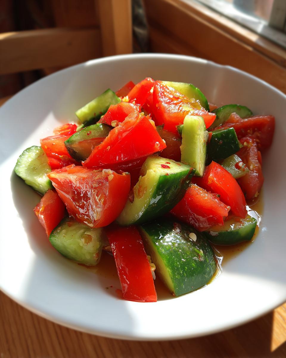 Close-up van een verfrissende Tomaten Komkommer Salade met stukjes tomaat en komkommer in een witte kom.