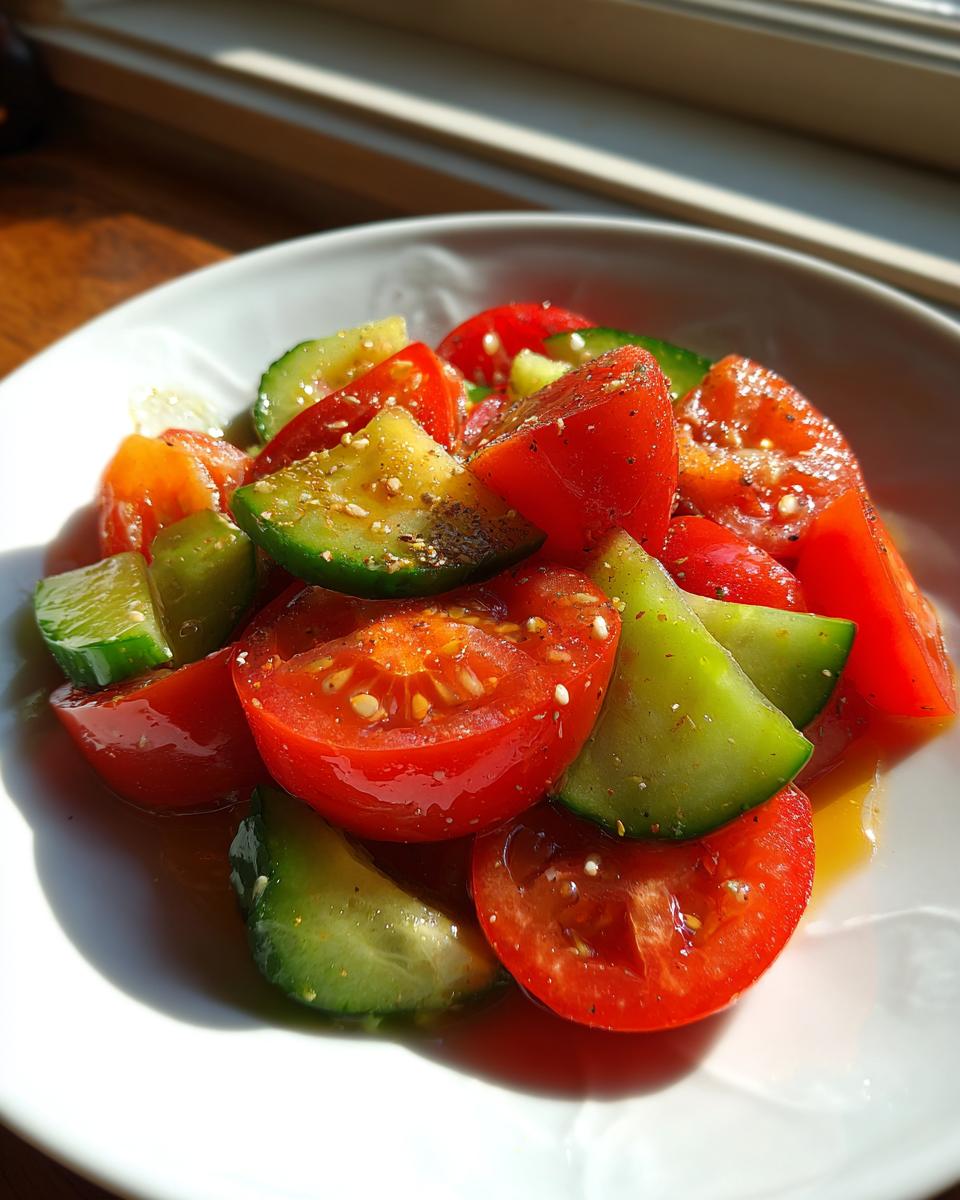 Close-up van een schaaltje met Tomato Cucumber Salad, stukjes tomaat en komkommer met kruiden.