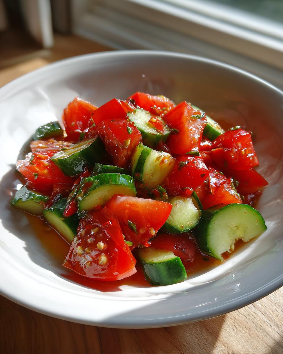 Close-up van een verfrissende Tomato Komkommer Salade met blokjes tomaat en komkommer in een lichte dressing.